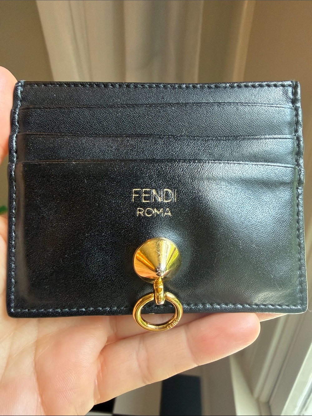 Fendi Black Leather Card Holder with Gold Ring Accent